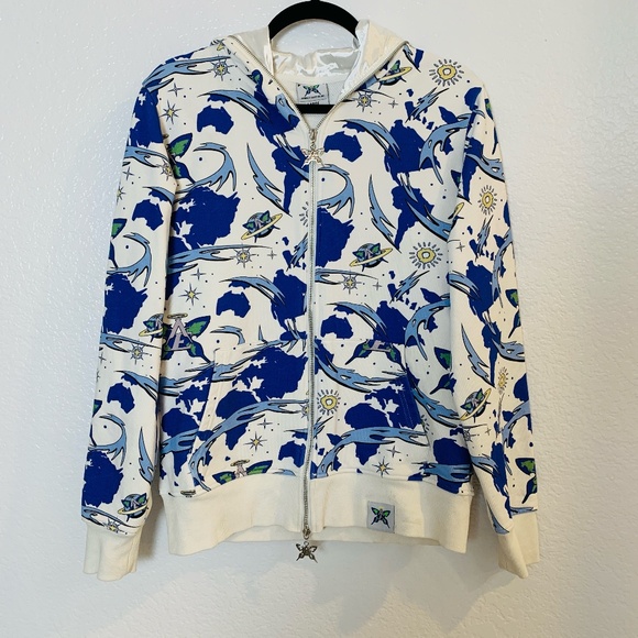 Angelic Earthling Tops - Angelic Earthling Hoodie Sweatshirt Size Large White Continental Camo Planet